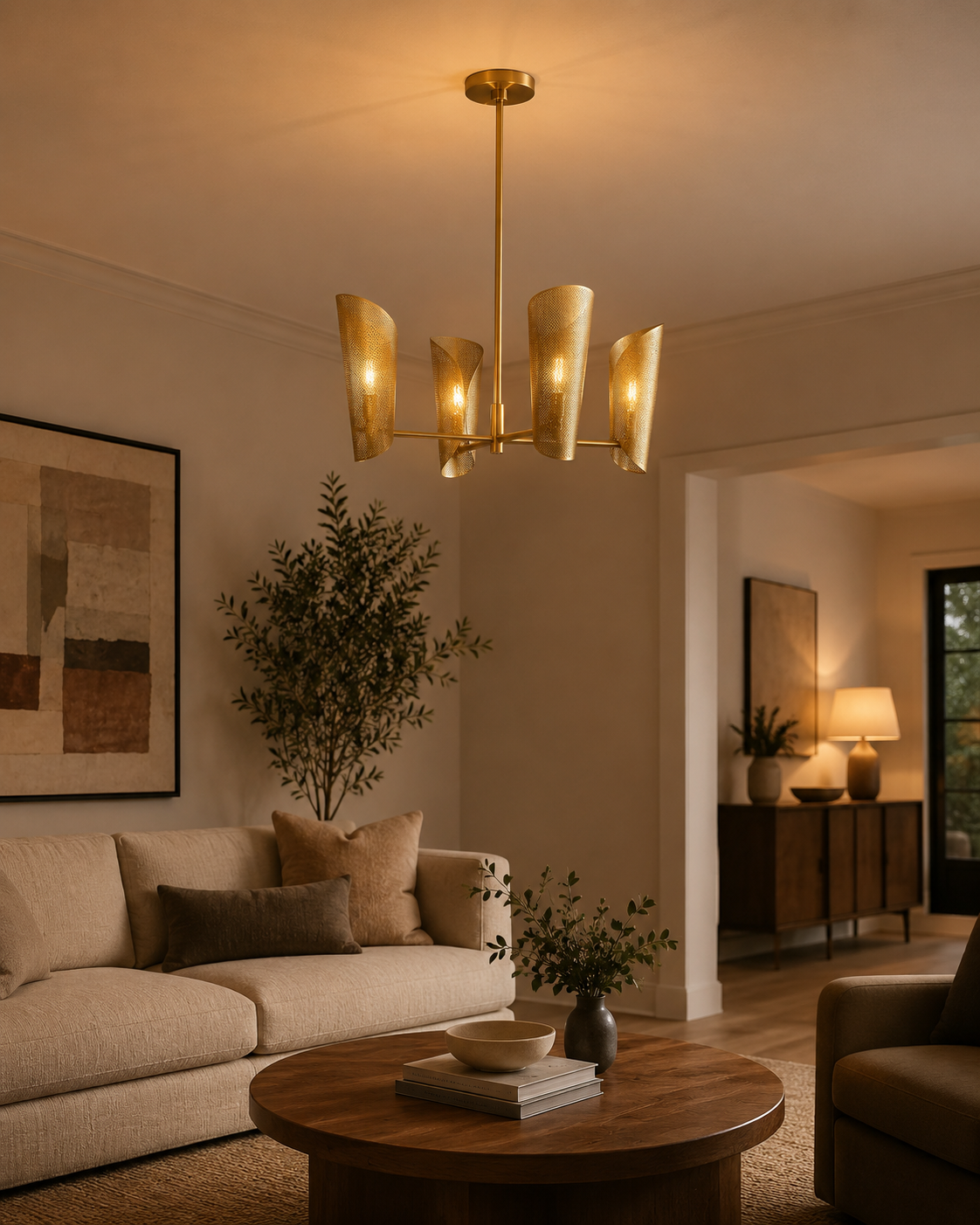 Sutton perforated wrap linear chandelier installed in a contemporary living room, casting a warm ambient glow with its four perforated brass shades.