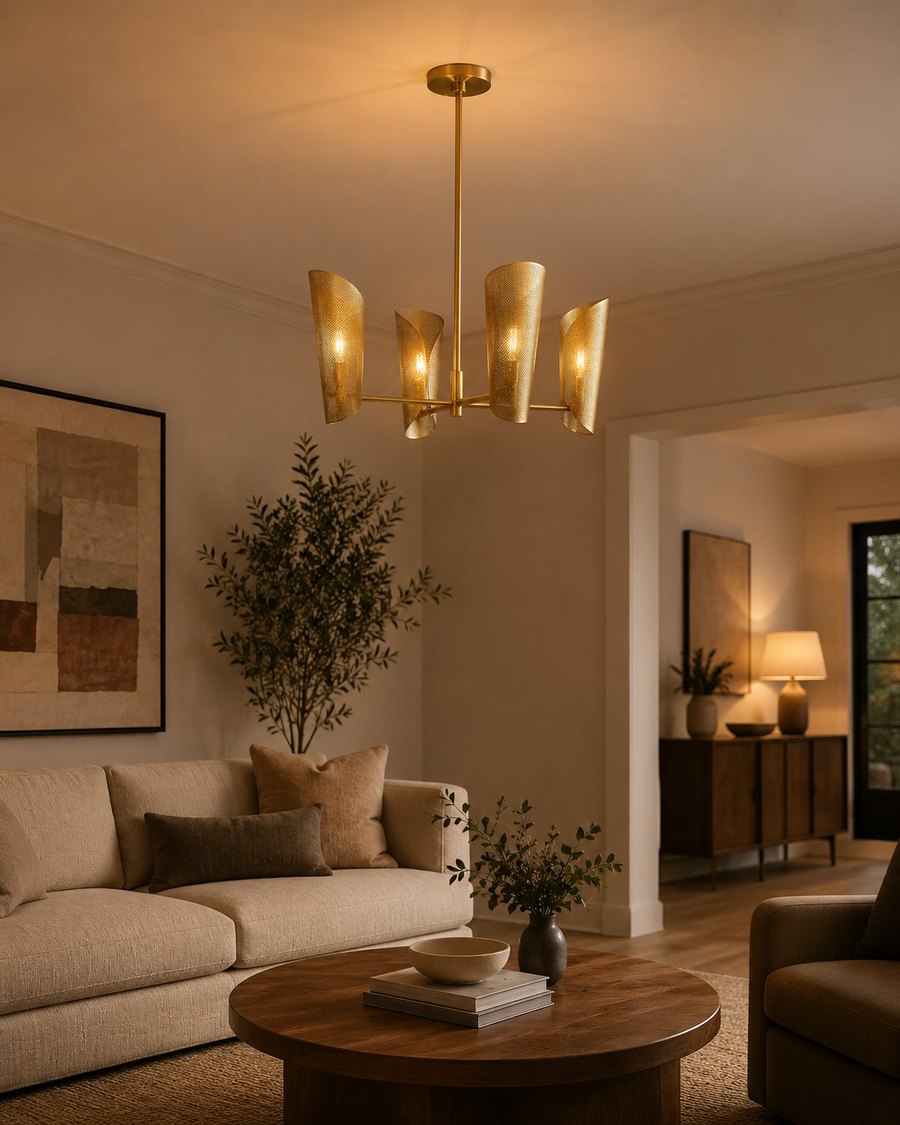 Sutton perforated wrap linear chandelier installed in a contemporary living room, casting a warm ambient glow with its four perforated brass shades.