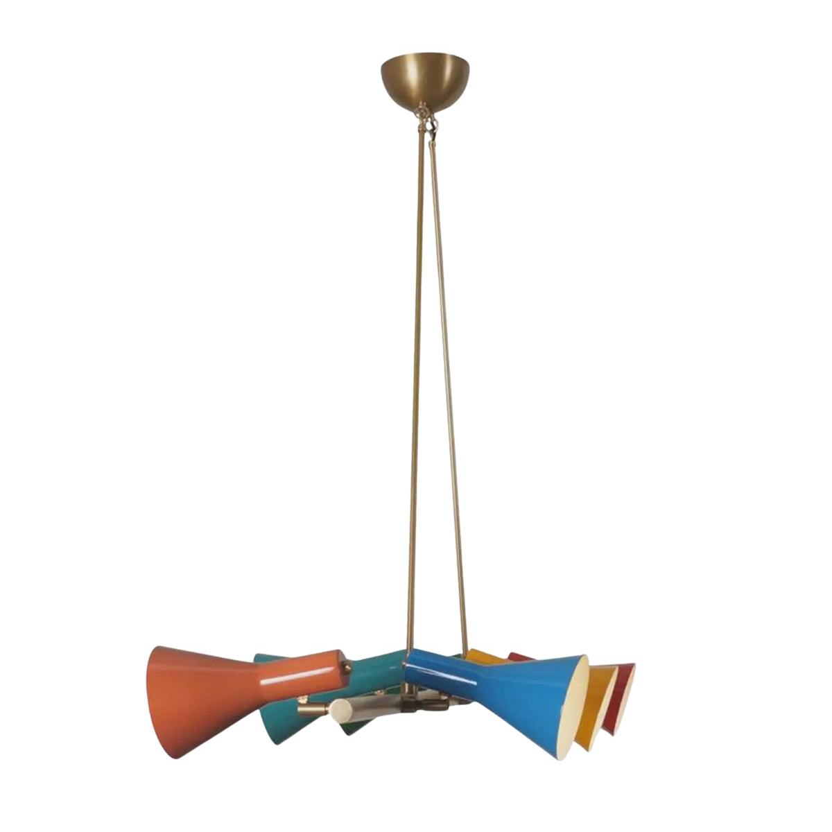 Angled perspective of Sutton six-light linear chandelier showcasing colorful cone shades, brass frame, and adjustable dual rod suspension.