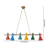 Dimension drawing of the Sutton six-light linear chandelier featuring six handcrafted customizable cone metal shades, a 42-inch width, and a 45-inch adjustable hanging height.