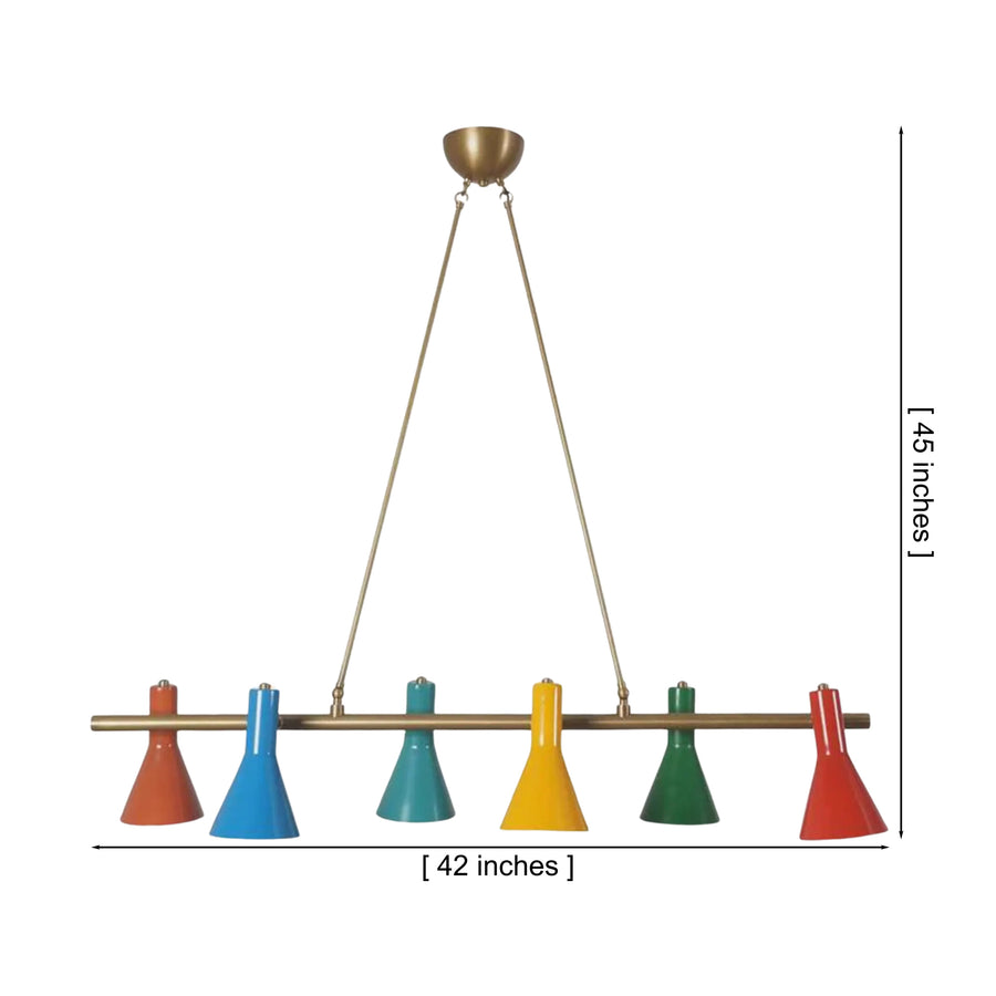 Sutton six-light linear chandelier with colorful cone shades illuminating a mid-century modern dining room above a wooden dining table.