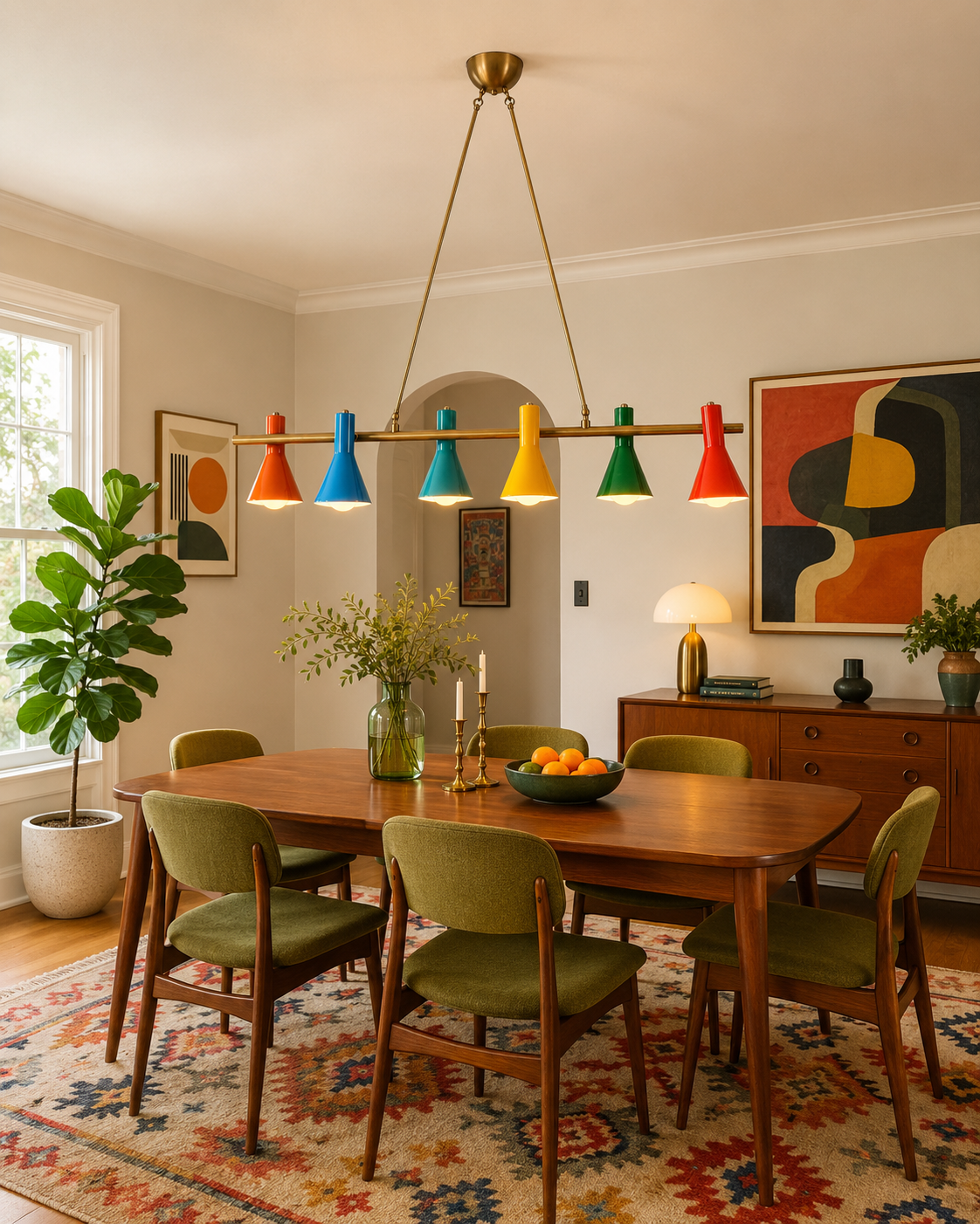 Sutton six-light linear chandelier with colorful cone shades illuminating a mid-century modern dining room above a wooden dining table.