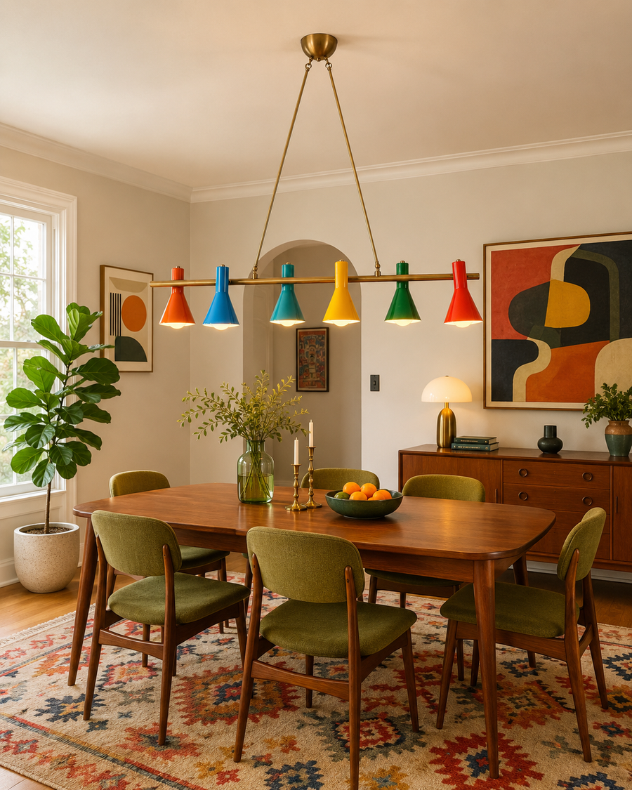 Sutton six-light linear chandelier with colorful cone shades illuminating a mid-century modern dining room above a wooden dining table.