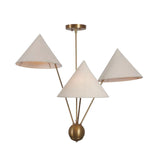 Sydney 3 light Mid-Century Modern chandelier featuring cream fabric cone shades, slender brass-tone arms, and a spherical center accent.