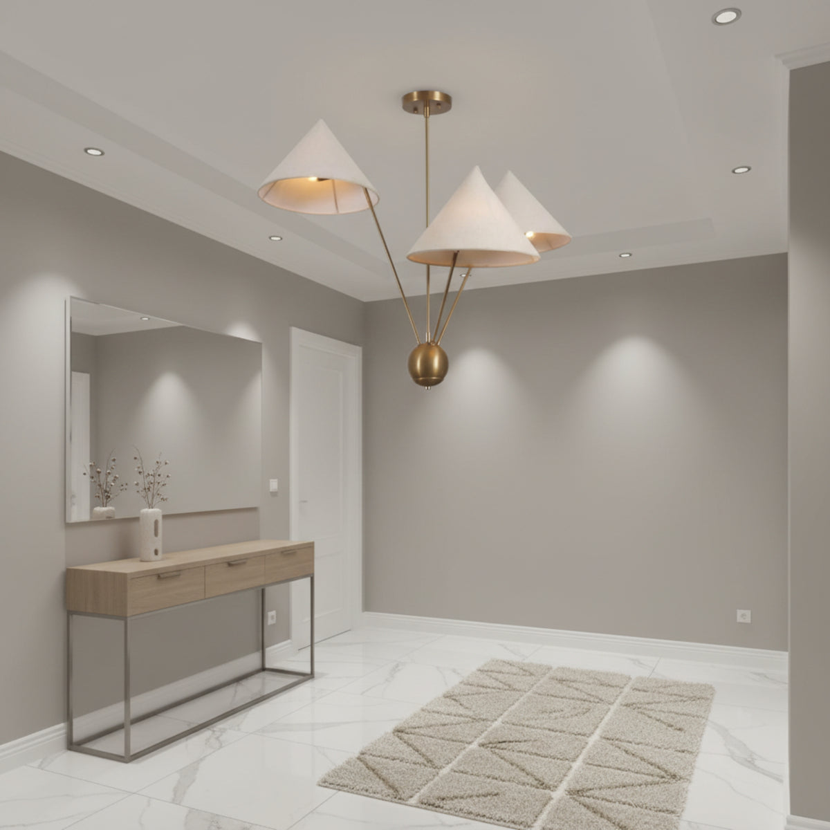 Sydney 3 light chandelier shown from an angled view highlighting its oversized cone shades, brass-tone arms, and spherical lower accent.