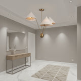 Sydney 3 light chandelier shown from an angled view highlighting its oversized cone shades, brass-tone arms, and spherical lower accent.