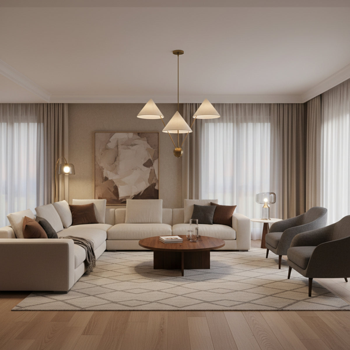 Sydney 3 light brass-tone chandelier shown from the front with oversized cream cone shades and a sculptural multi-level design.