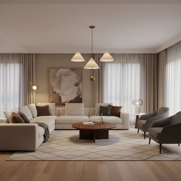 Sydney 3 light brass-tone chandelier shown from the front with oversized cream cone shades and a sculptural multi-level design.