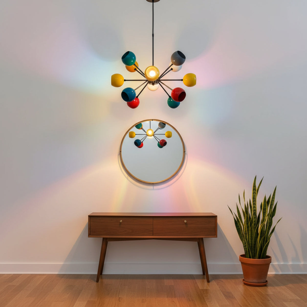 Tallinn 12 light multicolor Sputnik chandelier shown from an angled view highlighting its radial arms and colorful shades.