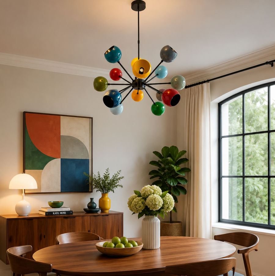 Tallinn 12 light multicolor Sputnik chandelier displayed above a wooden dining table in a bright Mid-Century Modern dining room.