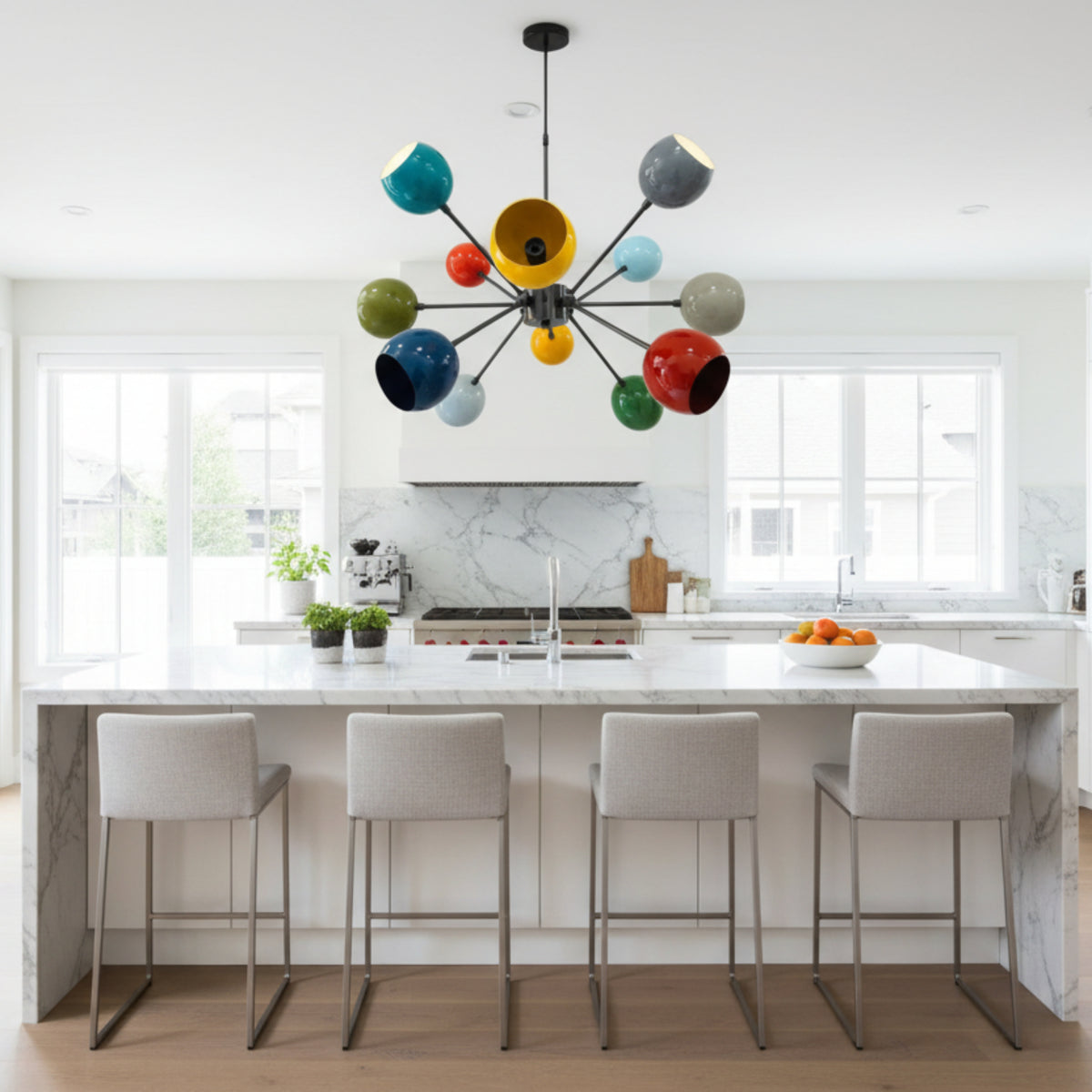Tallinn 12 light multicolor Sputnik chandelier shown from the front with colorful rounded metal shades and black radial arms.