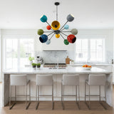 Tallinn 12 light multicolor Sputnik chandelier shown from the front with colorful rounded metal shades and black radial arms.