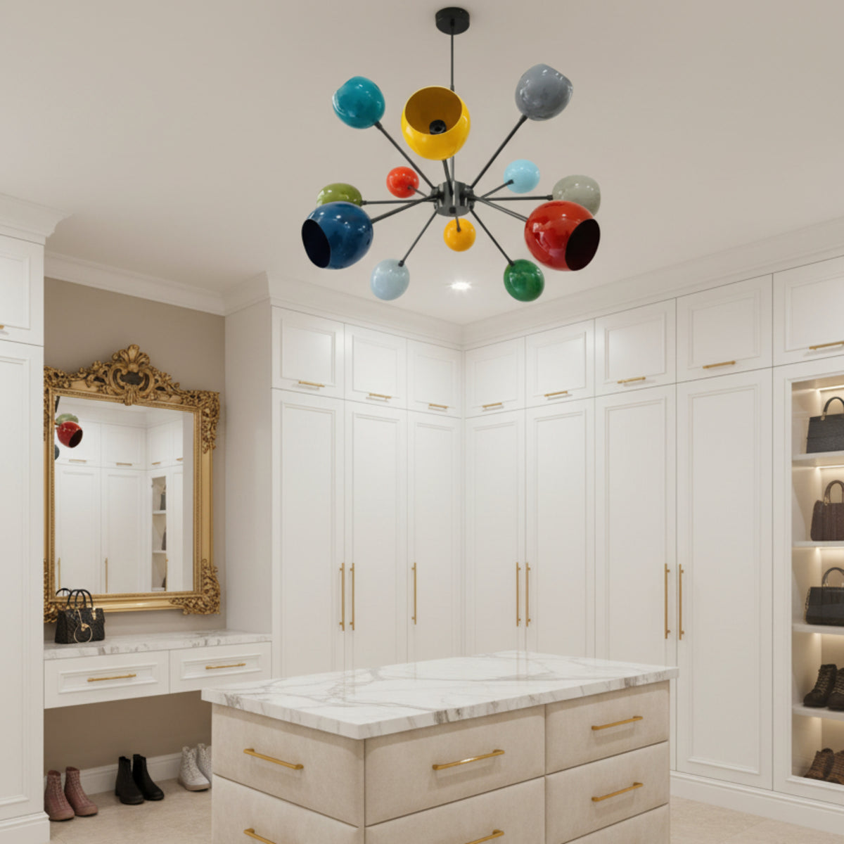 Tallinn 12 light multicolor Sputnik chandelier shown in a full product view with black frame and colorful rounded shades.
