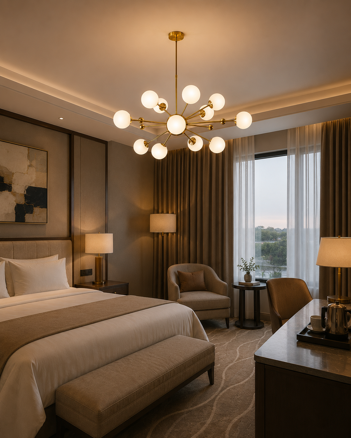Tallinn 12 light brass and white globe chandelier illuminating an elegant contemporary bedroom with warm ambient lighting.