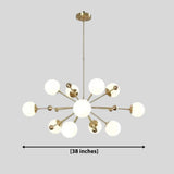 Tallinn 12 light brass globe chandelier dimension view showing a 38 inch wide sculptural fixture.