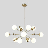 Tallinn 12 light sculptural chandelier featuring white globe shades and branching brass-tone arms in a Mid-Century Modern design.