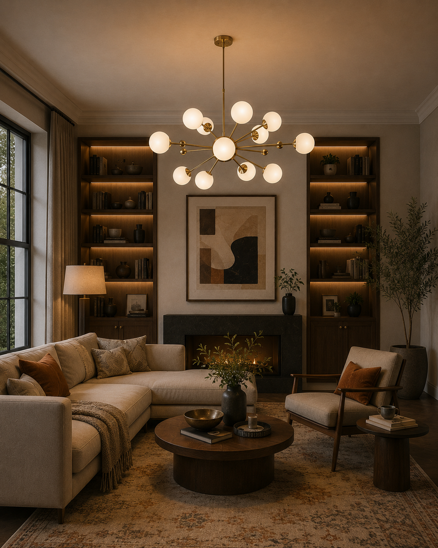 Tallinn 12 light brass-tone globe chandelier illuminating a refined living room with warm wood furniture and Mid-Century Modern styling.