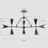 Dimension view of the Taormina 9-light industrial chandelier featuring black tapered cone shades, geometric metal arms, and a 36-inch width with a 14.5-inch frame measurement.