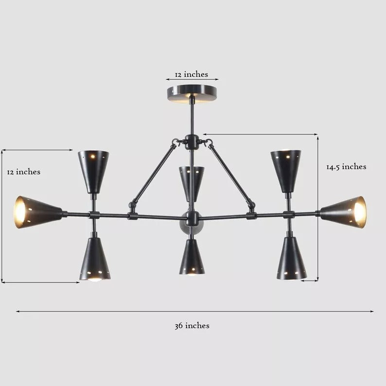 Size guide for Taormina Industrial Cone Chandelier – 9 Light – 36 Inch – Model 62323