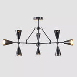 Front view of the Taormina 9-light Mid-Century Modern chandelier featuring black cone-shaped shades, horizontal metal arms, angled supports, and a round ceiling canopy.