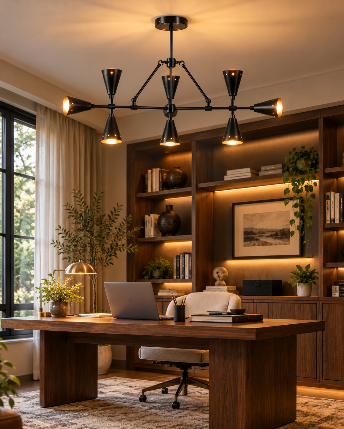 Taormina 9-light industrial black chandelier illuminating a sophisticated home office featuring a walnut desk, built-in wooden bookshelves, neutral furnishings, and warm contemporary lighting.