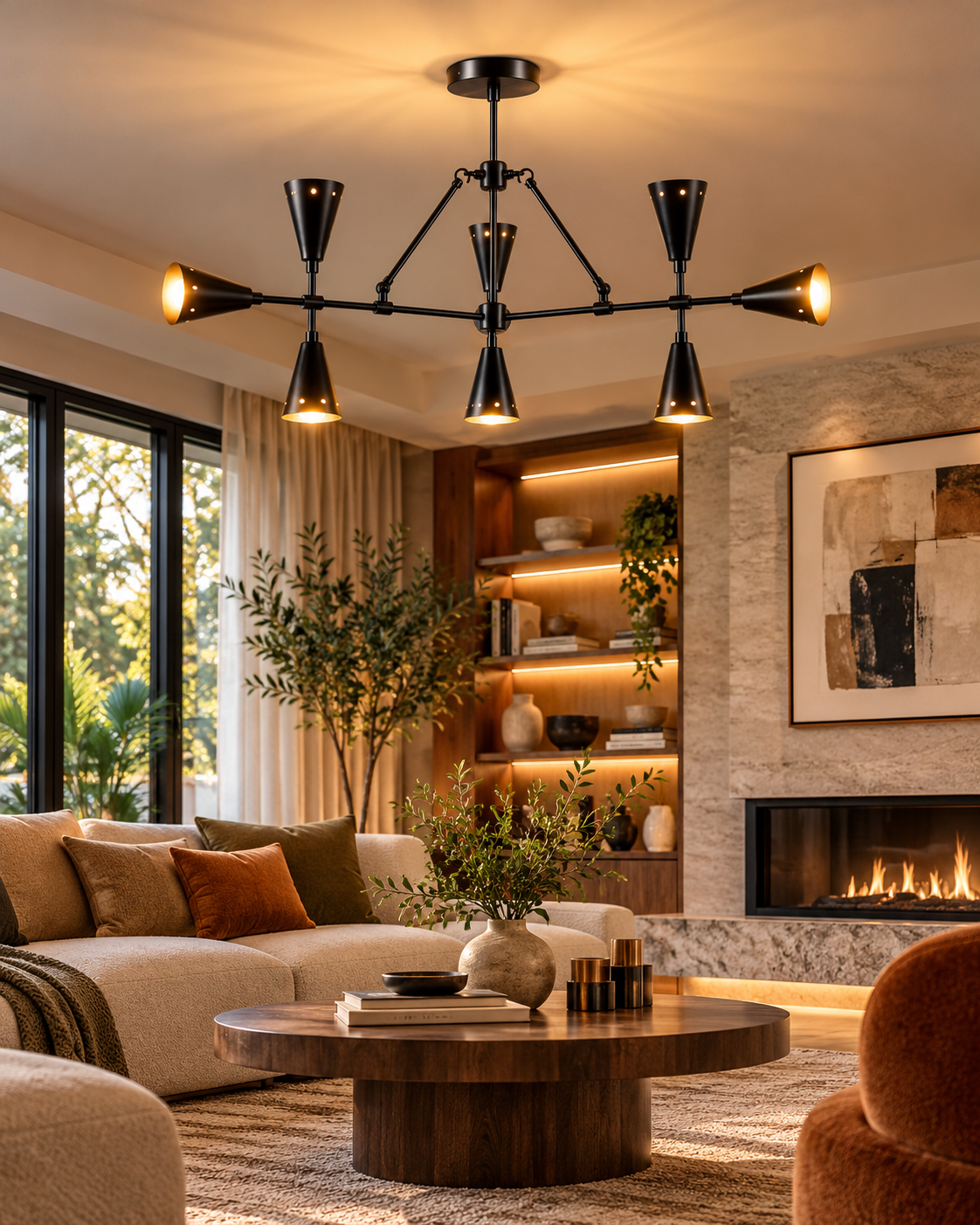 Taormina 9-light black industrial chandelier illuminating a warm modern living room with a cream sectional sofa, round walnut coffee table, fireplace, and contemporary decor.