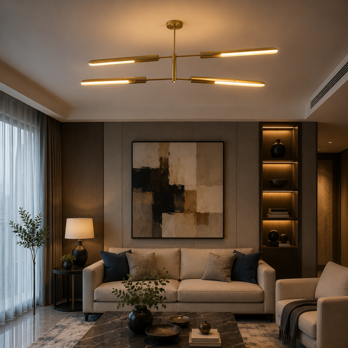 Taormina 4 light brass-tone linear chandelier illuminated in a contemporary living room with warm ambient lighting.