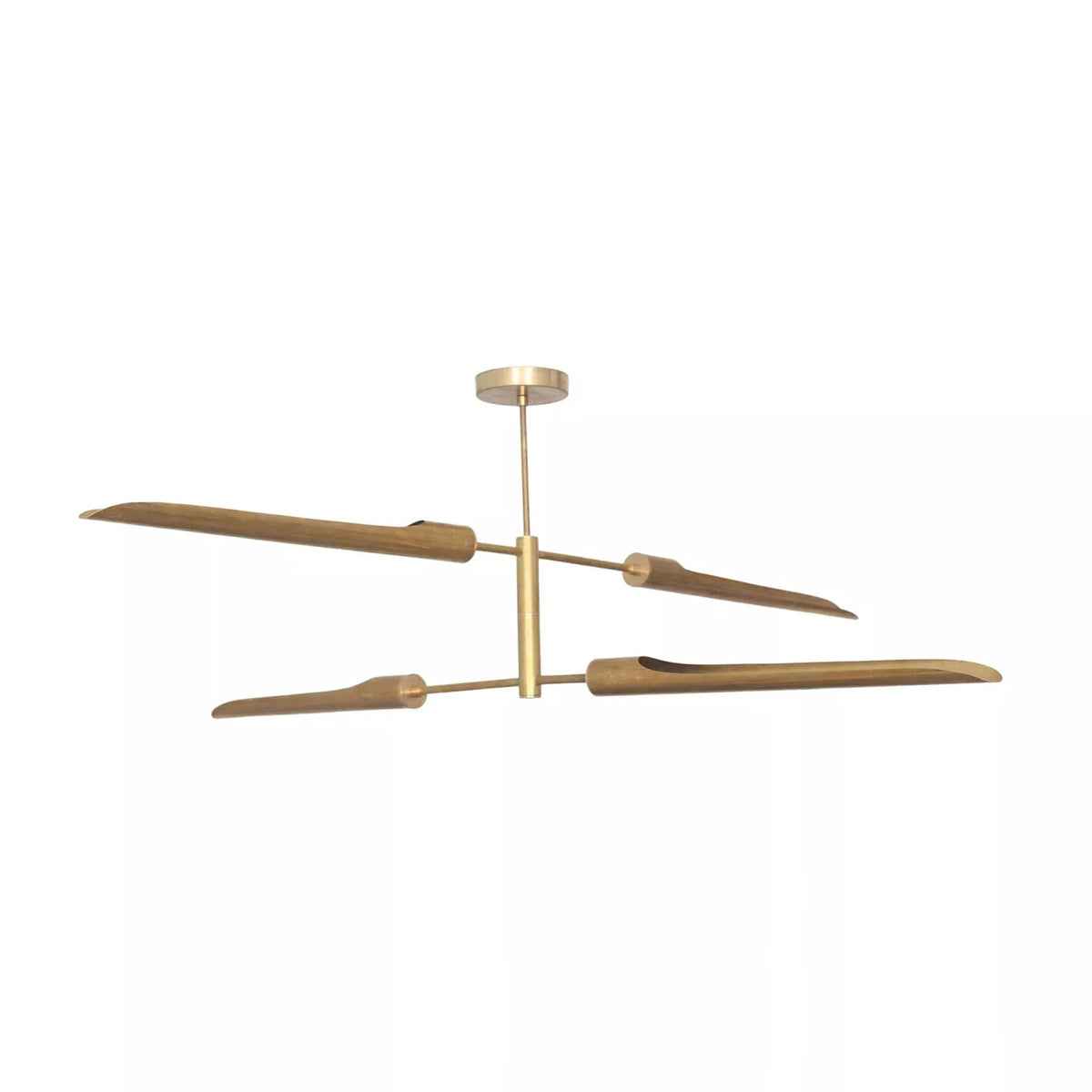 Taormina 4 light brass-tone chandelier shown from a side profile highlighting its slim sculptural shades and horizontal arrangement.