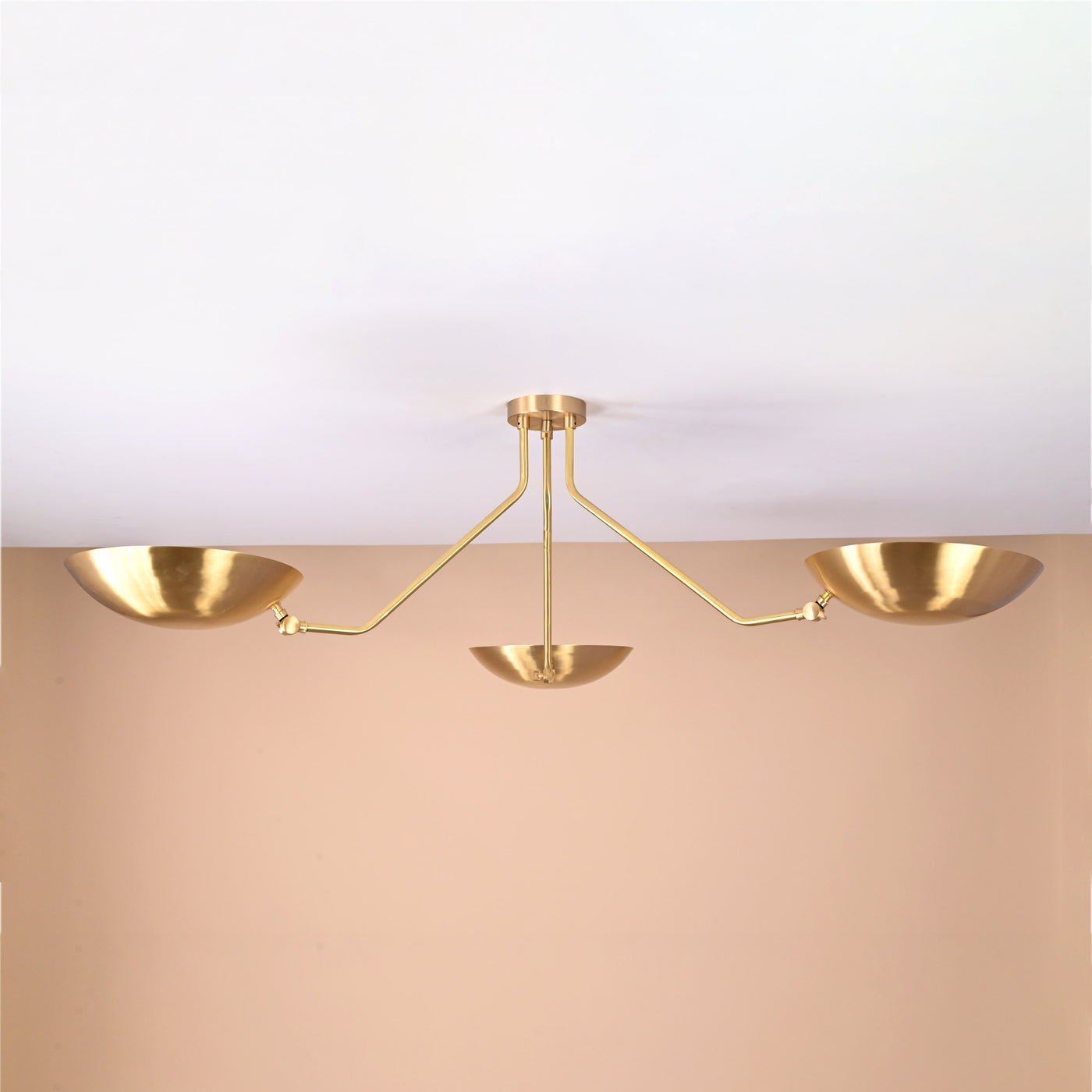 Handmade 3-arm brushed brass flushmount ceiling light with bowl shades and minimalist geometric design by Brass Leaf Studio