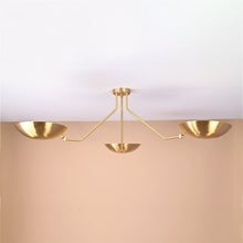 Handmade 3-arm brushed brass flushmount ceiling light with bowl shades and minimalist geometric design by Brass Leaf Studio
