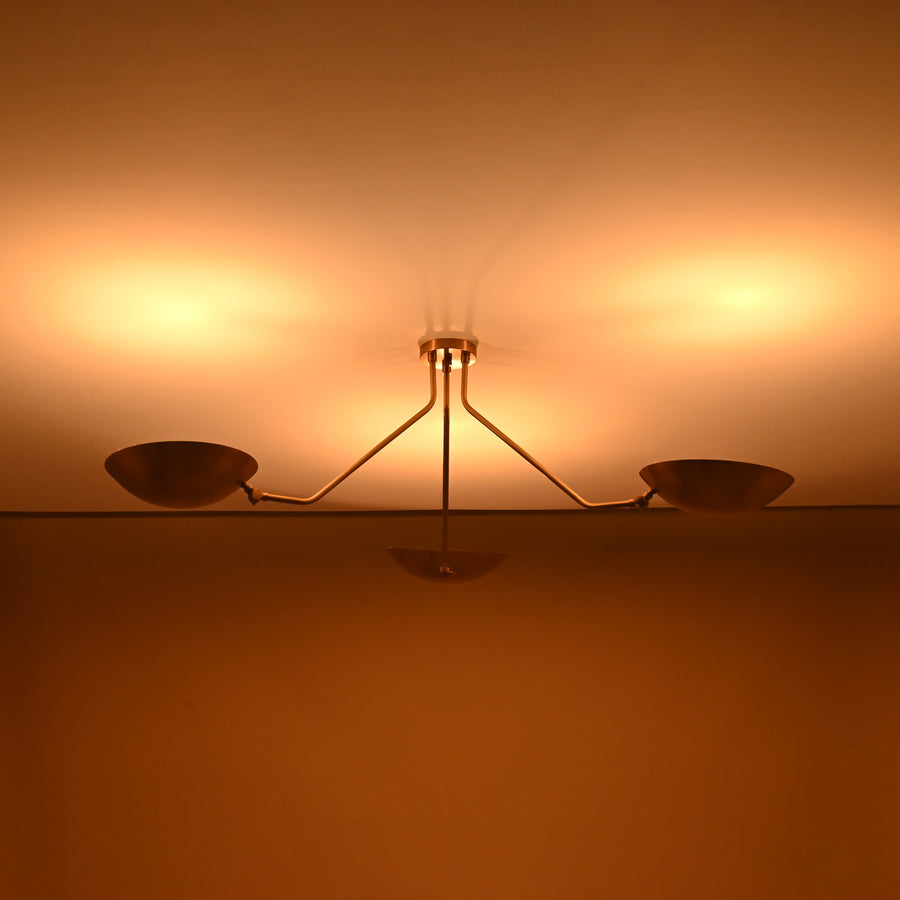 Three-light brass ceiling light with brushed finish, modern flushmount chandelier handmade by Brass Leaf Studio