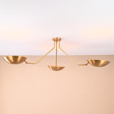Three-light brass ceiling light with brushed finish, modern flushmount chandelier handmade by Brass Leaf Studio