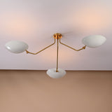 Three-light brass chandelier with white bowl shades, modern flushmount ceiling light by Brass Leaf Studio