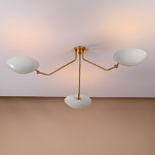 Three-light brass chandelier with white bowl shades, modern flushmount ceiling light by Brass Leaf Studio