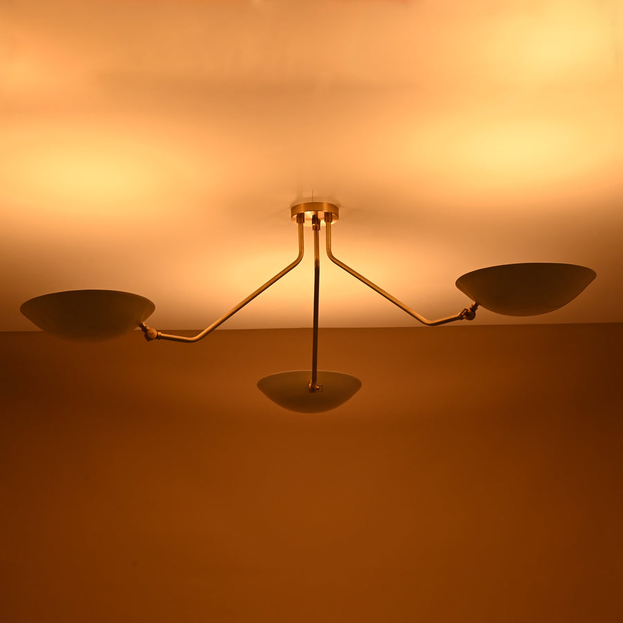 Three-light brass chandelier with white bowl shades, modern flushmount ceiling light by Brass Leaf Studio