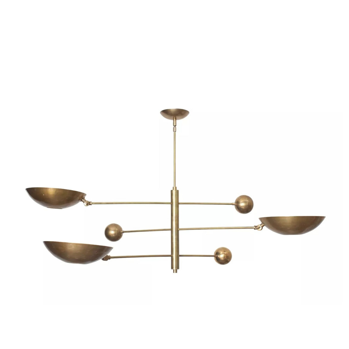 Tokyo 3 light Mid-Century Modern chandelier shown from the front with brass-tone bowl shades and spherical counterweights.