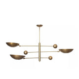 Tokyo 3 light Mid-Century Modern chandelier shown from the front with brass-tone bowl shades and spherical counterweights.