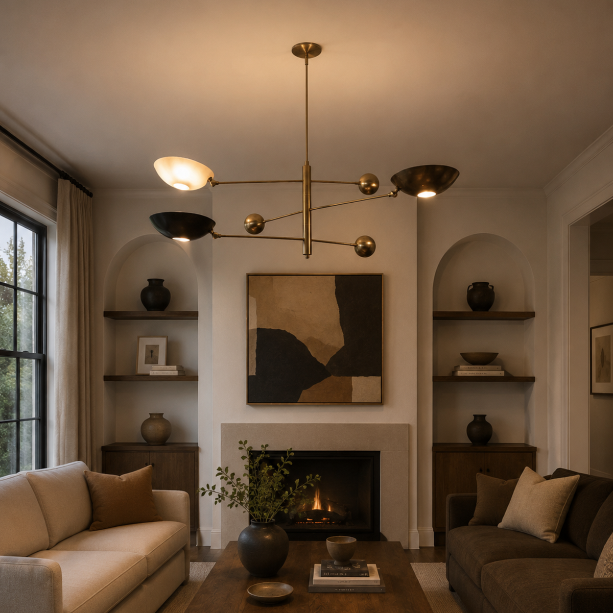 Tokyo 3 light counterbalance chandelier illuminated in a warm modern living room with sculptural bowl shades and brass-tone arms.