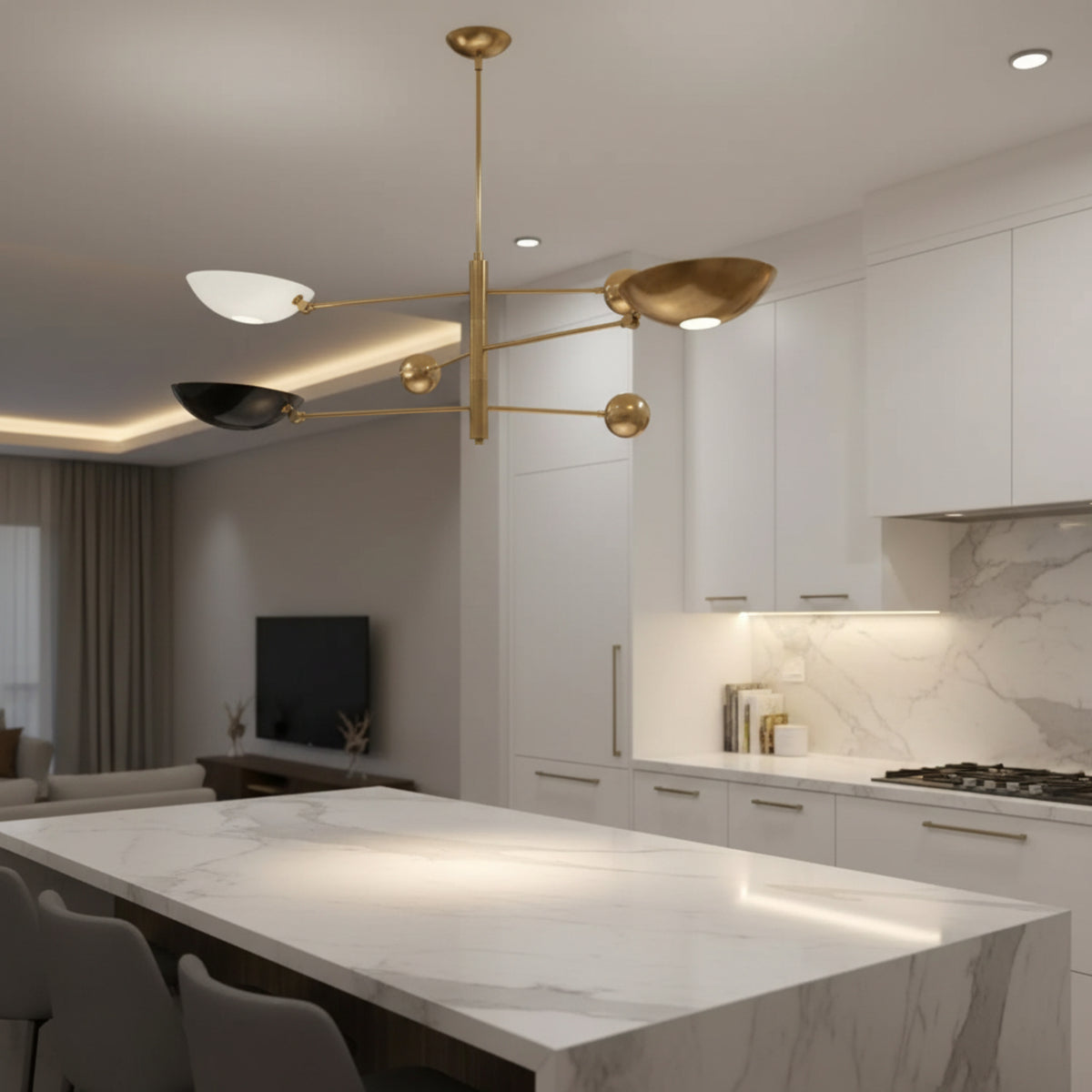 Tokyo 3 light sculptural counterbalance chandelier featuring white, black, and brass-tone bowl shades with slender brass-tone arms.