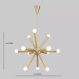 Dimension diagram of the Tokyo 12-light brass-tone Sputnik chandelier showing its 20-inch width and height, tapered radial arms, white globe bulbs, and sculptural starburst design.