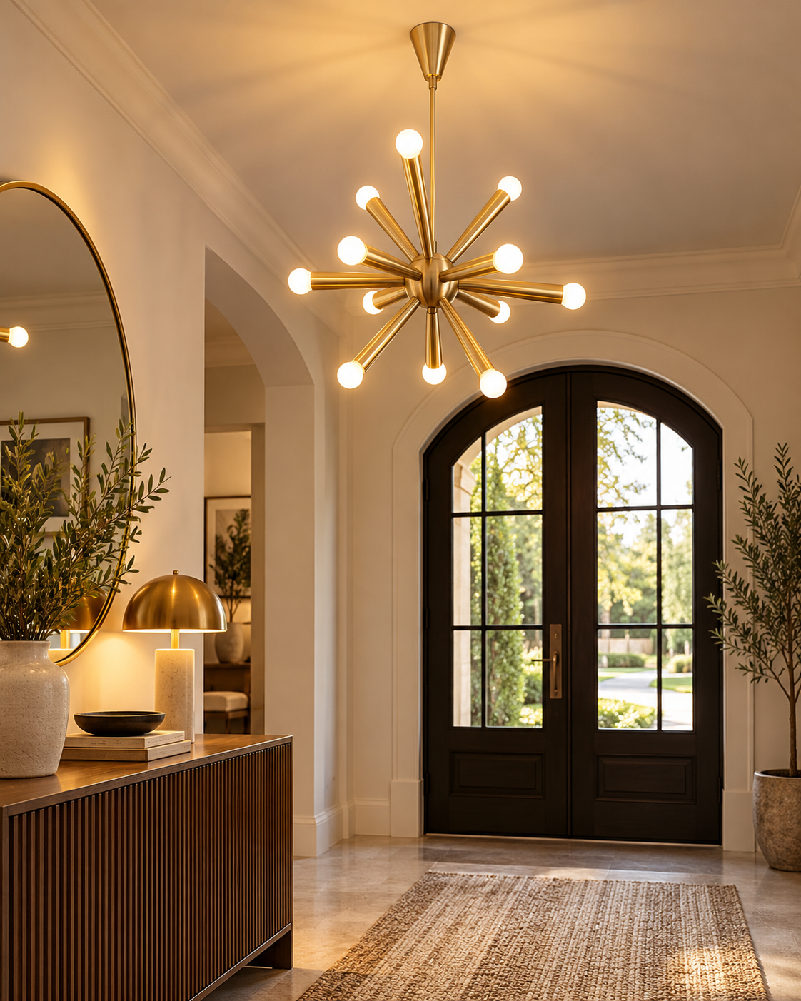Tokyo 12-light brass-tone Sputnik chandelier illuminating an elegant entryway featuring arched black double doors, a wooden console table, decorative mirror, and warm ambient lighting.