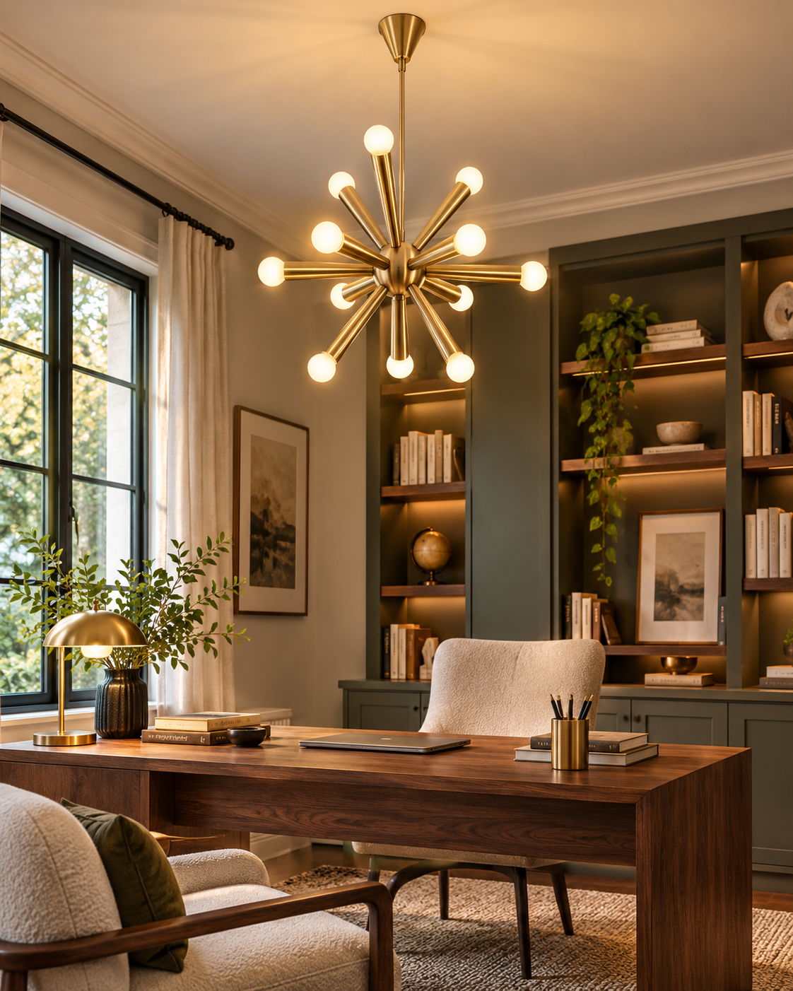 Tokyo 12-light Mid-Century Modern Sputnik chandelier illuminating a sophisticated home study with a walnut writing desk, upholstered chairs, built-in bookshelves, and warm architectural lighting.