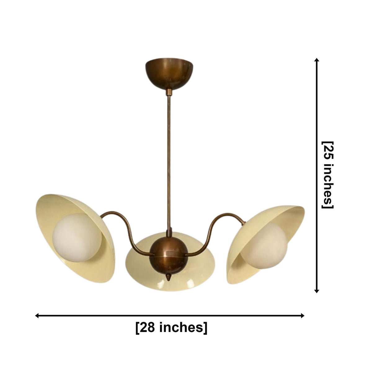 Toledo 3 light cream and aged brass chandelier dimension view showing 28 inch width and 25 inch overall height.