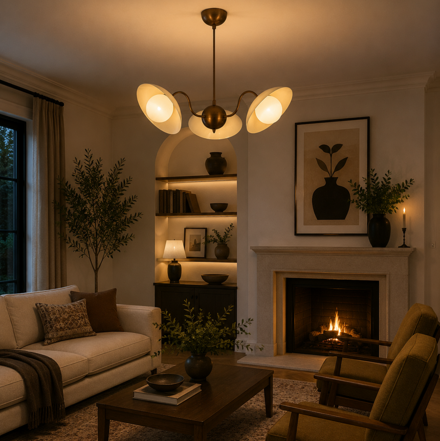 Toledo 3 light cream and aged brass chandelier illuminated in a warm Mid-Century modern living room above a coffee table.