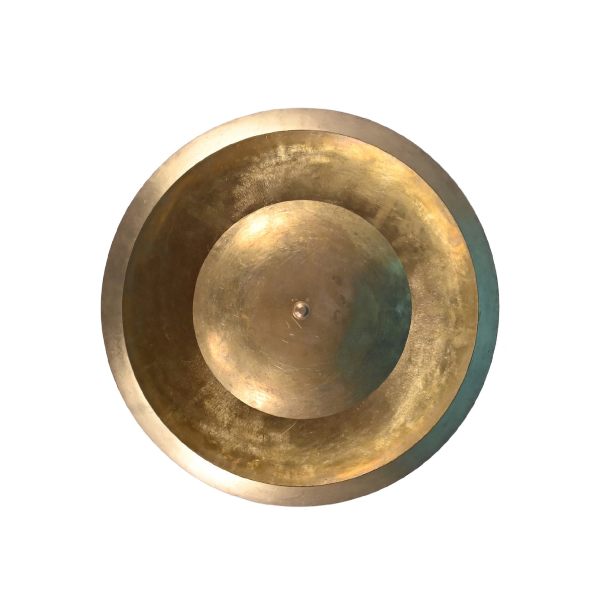 Top-down view of a brass disc chandelier showing its layered circular design and central finial in burnished golden finish