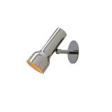 Angled view of the Torino modern adjustable wall spotlight featuring a polished chrome cylindrical shade and round wall backplate.
