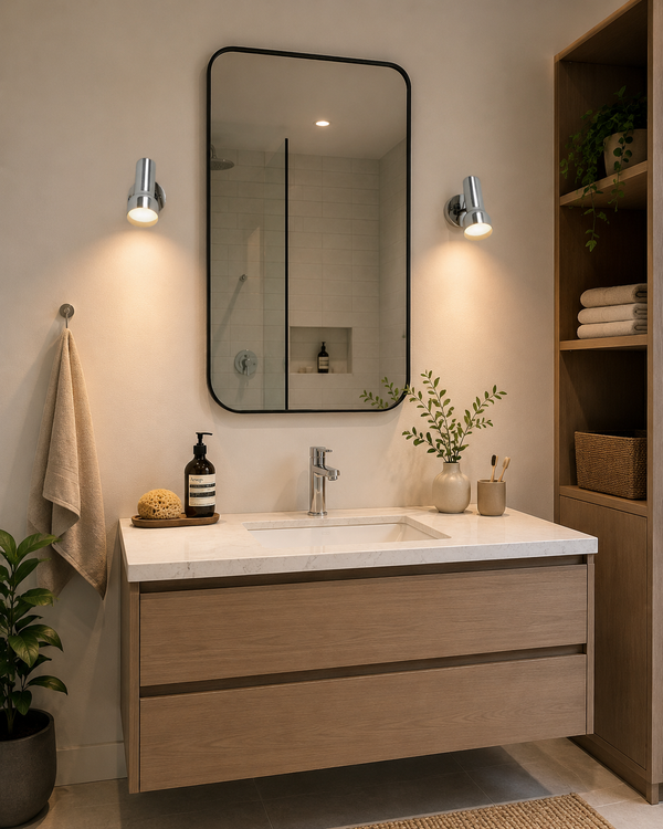 Torino Modern Adjustable Wall Spotlights installed on both sides of a bathroom vanity mirror, providing warm focused lighting in a contemporary bathroom.