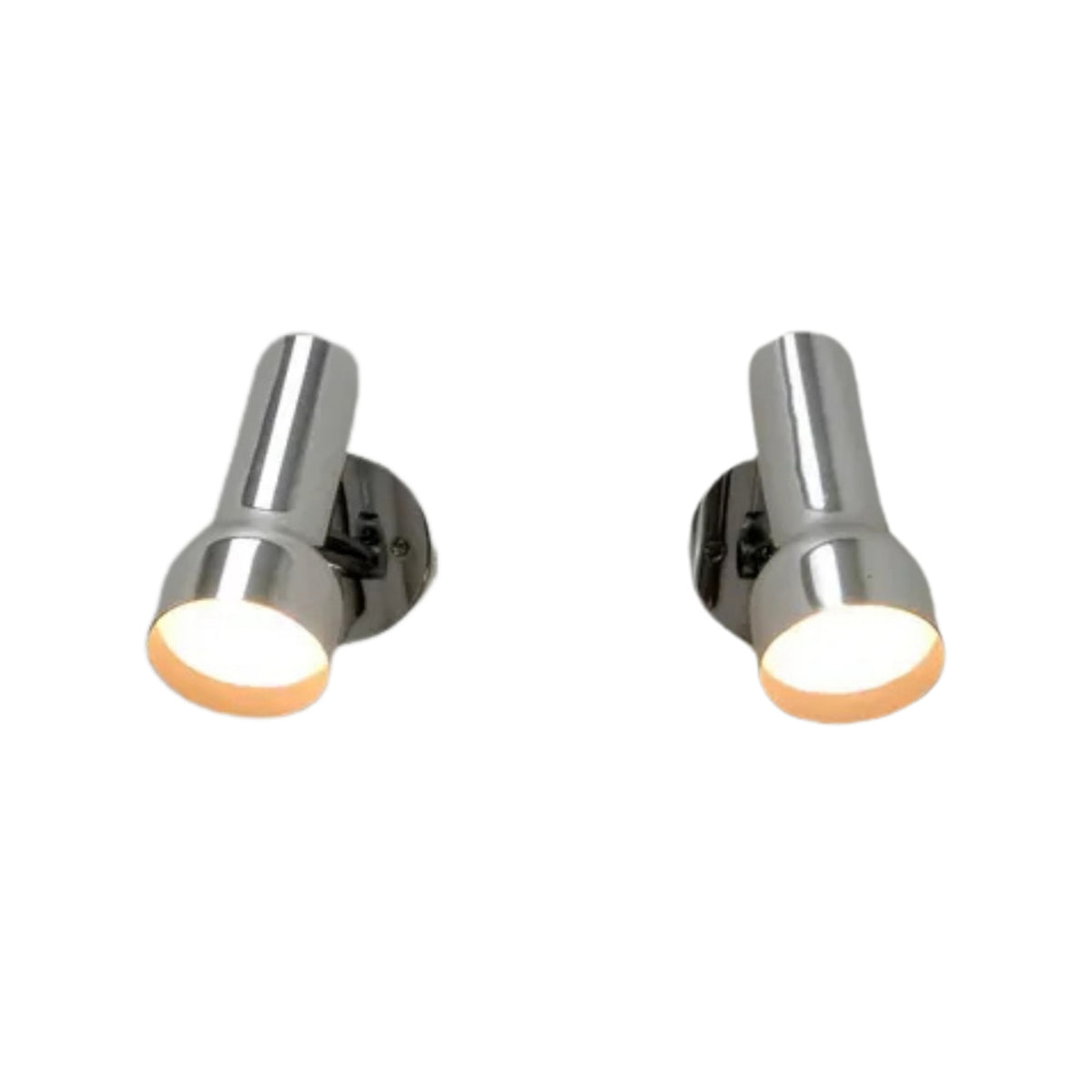 Pair of Torino modern adjustable wall spotlights in polished chrome finish providing symmetrical directional lighting.