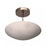 Angled view of Toulouse 3 light ceiling fixture featuring a white curved bowl shade with decorative star perforations.
