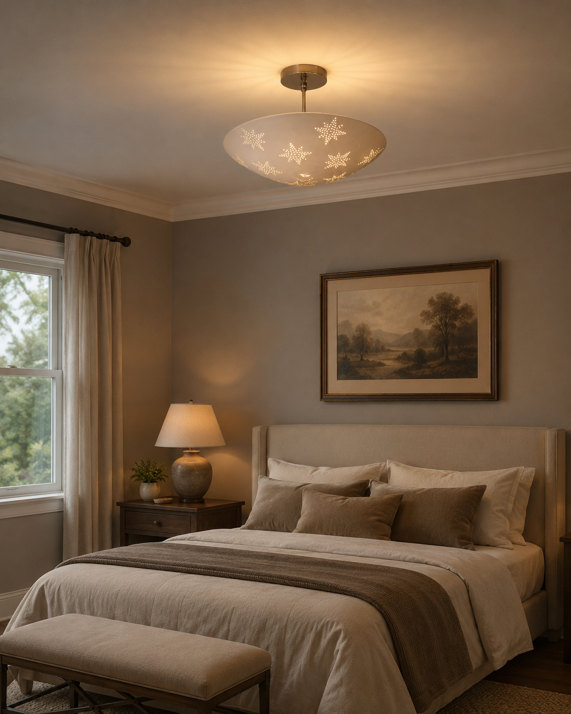 Toulouse 3 light white perforated bowl ceiling fixture displayed in a warm elegant bedroom with softly glowing star patterns.